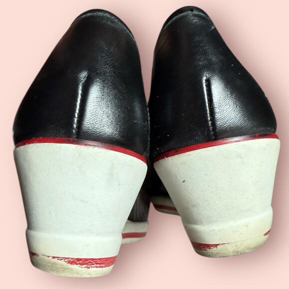 Y2K Wedge Heel Open Toe Sandals Black Leather Women’s 6.5 White Bow Alfani Reba - Picture 4 of 6